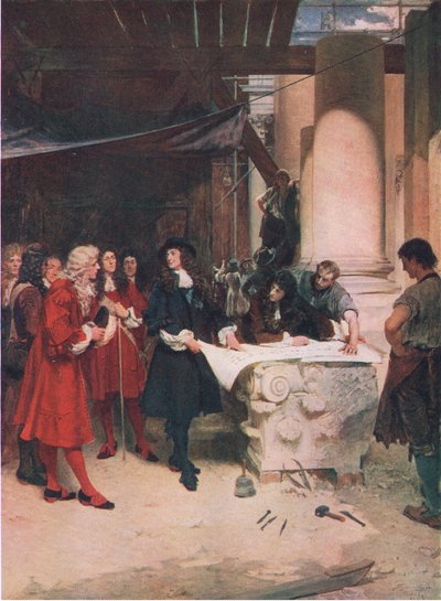 König Charles besucht Wren während des Baus von St. Pauls, aus Cassells Geschichte des britischen Volkes, veröffentlicht von der Waverley Book Company Limited, ca. 1940 von John Seymour Lucas
